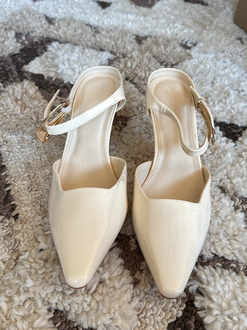 Patent Cream Pointed-Toe Ankle Strap Mules